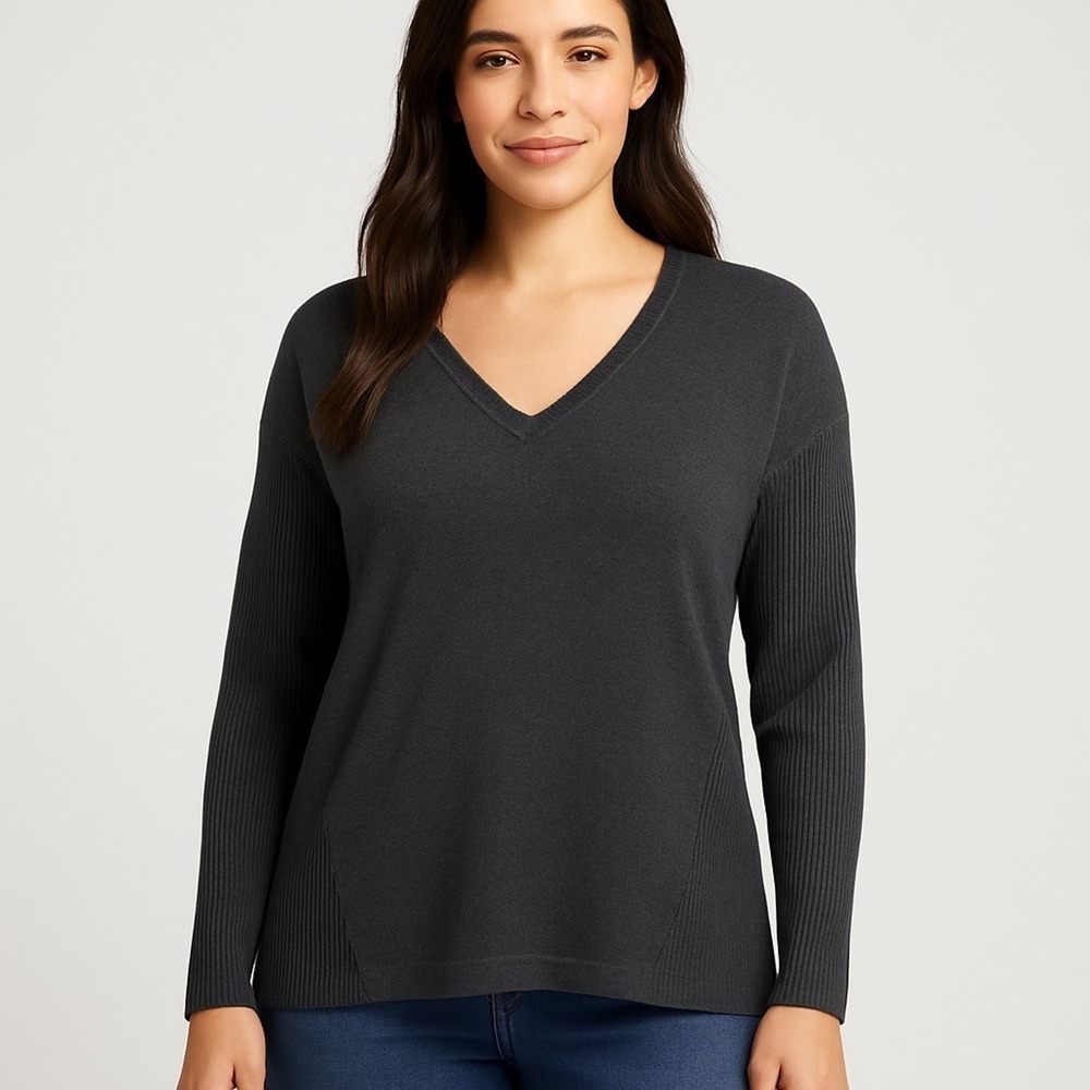 Lucky Brand Charcoal Gray Ribbed-Panel V-Neck Knit Sweater Womens Size Small